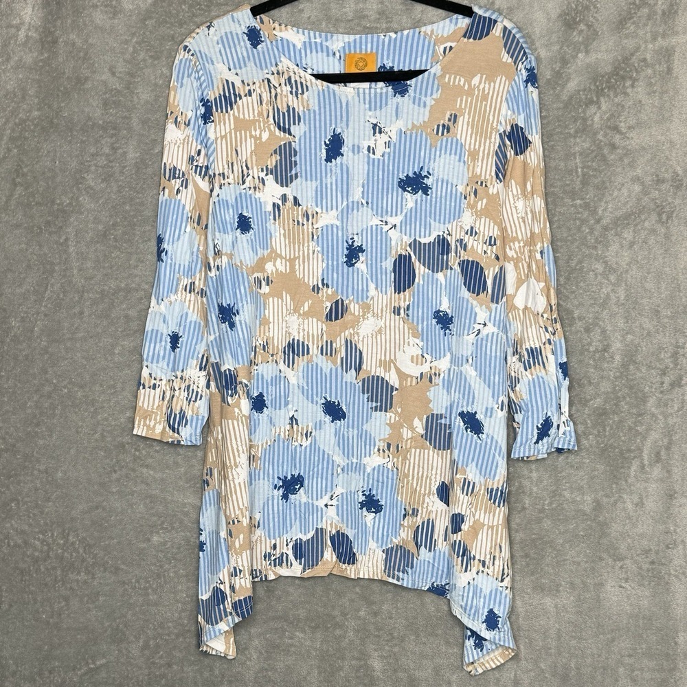 Ruby Rd Large Shirt Top Blue Floral Flower‎ 3/4 Sleeve Round Neck Asymmetrical